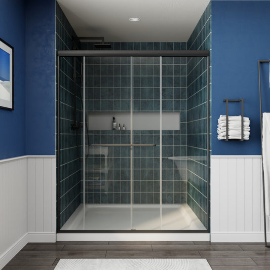 Glide Semi-Frameless Shower Door 56-60 in. W x 72 in. H Bypass Sliding Shower Enclosure,Matte Black,Double Sliding Glass Bathroom Doors