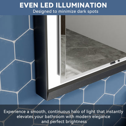 Verloar 30" W x 36" H Framed Lighted Bathroom  Mirror,Dimmable,Anti Fog,Front-Lit Illumination,Matte Black