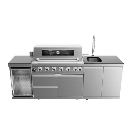 43-Inch 6-Burner 85000 BTU Deluxe Stainless Steel Gas Outdoor Kitchen Bar Barbecue Island Grill  + Wine Cooler Compact Refrigerator + Rotisserie + Granite Countertops + Storage Cabinets & Drawers