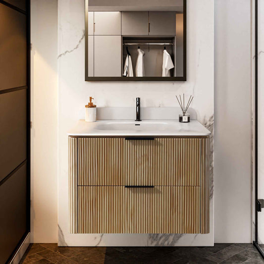 30 inch Floating Bathroom Vanity with Sink, Pre-Assembled, Wall Mounted Plywood Bathroom Storage Cabinet with Safety Rounded,Large Soft-Close Fluted Drawers & Metal Handles