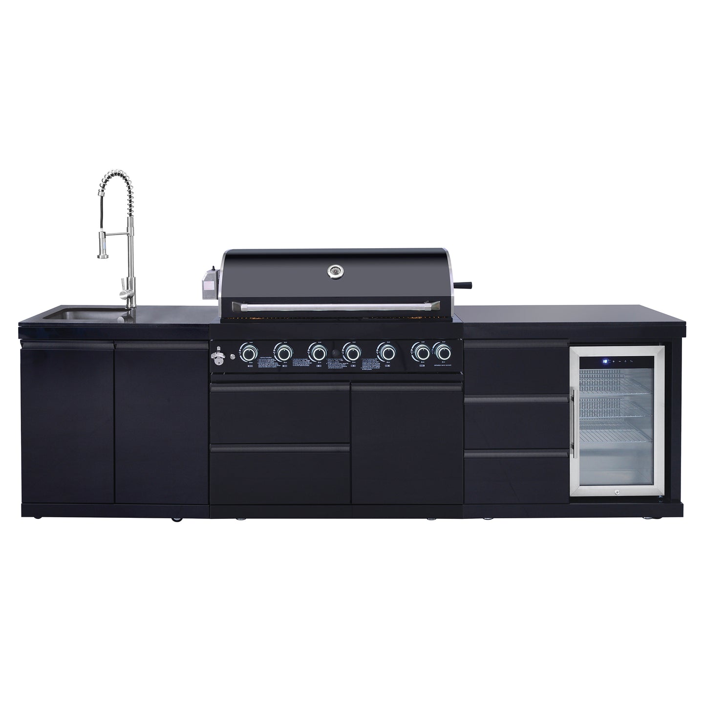 Outdoor Kitchen Island 114 Inch 6 Burner Propane Gas BBQ Grill 83500 BTU 304 Stainless Steel Black Color With CSA, ETL Certification + Sink + Refrigerator