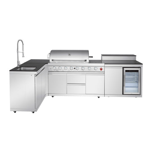 Outdoor Kitchen Island 95.8 Inch 6+1 Burner Propane Gas BBQ Grill 95500 BTU 304 Stainless Steel Silver Color With CSA, ETL Certification + Sink + Refrigerator + Bar Table