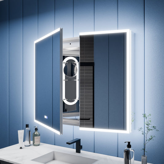 Illusion 40 x 32 inch lighted medicine cabinet installed above a bathroom vanity
