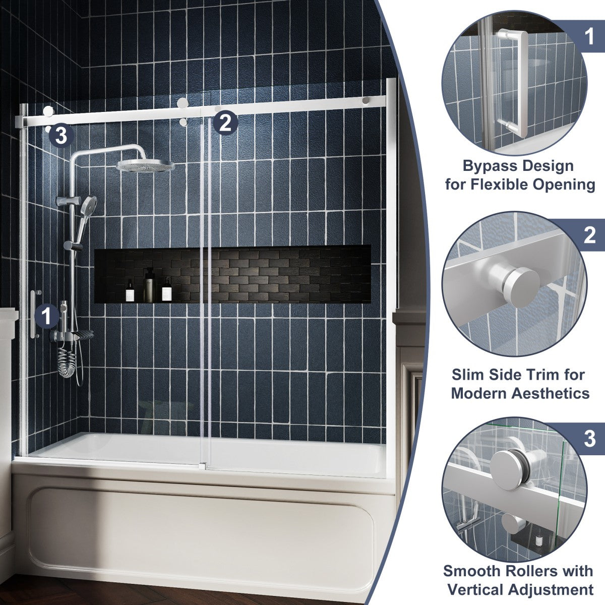 Zephyr 56-60" Semi-Frameless Single Sliding Tub Door,Chrome,Bypass Bathtub Shower Tempered Glass Door with Explosion-Proof Film