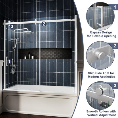 Zephyr 56-60" Semi-Frameless Single Sliding Tub Door,Chrome,Bypass Bathtub Shower Tempered Glass Door with Explosion-Proof Film