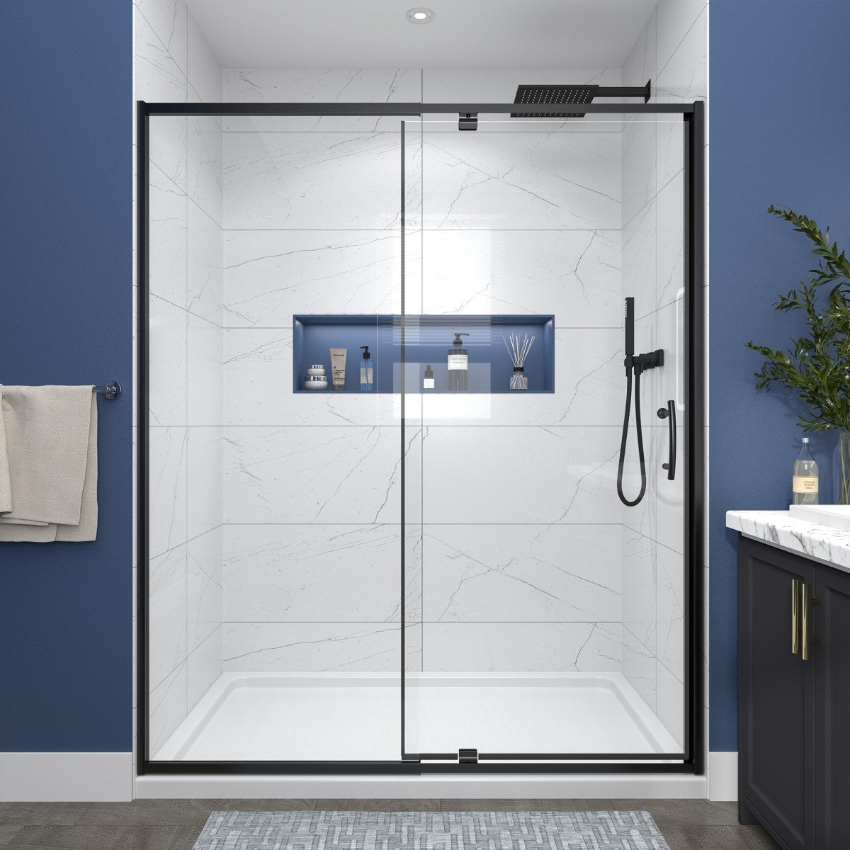 Flexi Showers 56-60" W x 71" H Glass Shower Doos Semi-Frameless,6mm Clear Tempered Glass Panel,Black Finish - ExBriteUSA