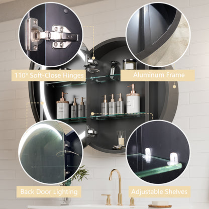Hola 24" Round LED Medicine Cabinet – Black Frame, Anti-Fog, Dimmable Lighting, Surface Mount - ExBriteUSA