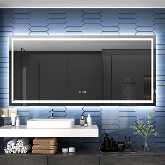 Linea 84" W x 40" H LED Heated Bathroom Mirror,Anti Fog,Dimmable,Front-Lighted and Backlit, Tempered Glass