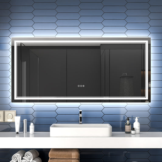 Linea 60" W x 28" H LED Heated Bathroom Mirror,Anti Fog,Dimmable,Front-Lighted and Backlit, Tempered Glass