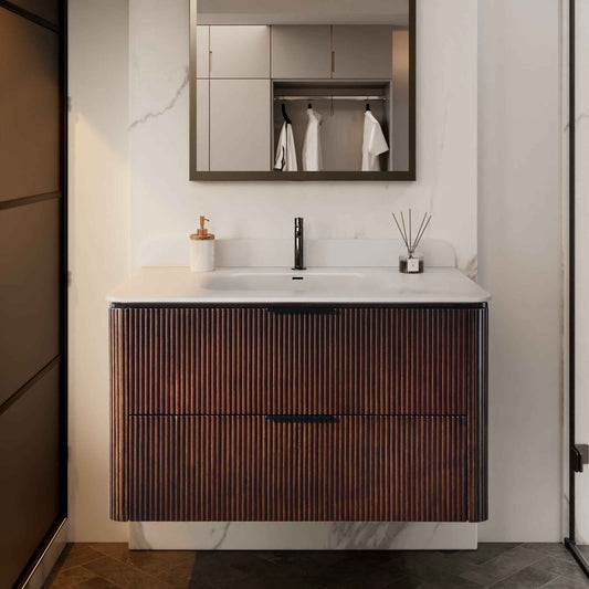 36 inch Floating Bathroom Vanity with Sink, Pre-Assembled, Wall Mounted Plywood Bathroom Storage Cabinet with Safety Rounded,Large Soft-Close Fluted Drawers & Metal Handles