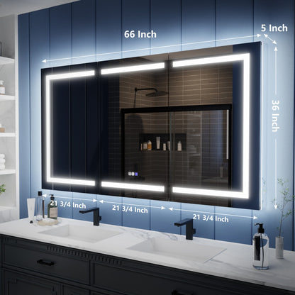 Bathroom vanity with a large illuminated mirror and measurements indicated.