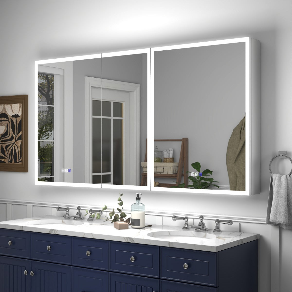 Rim 60 x 32 inch LED medicine cabinet above a contemporary bathroom vanity