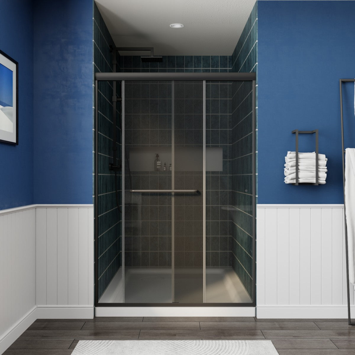 Glide-GR Semi-Frameless Shower Door 44-48 in. W x 70 in. H Bypass Sliding Shower Enclosure,Matte Black,Double Sliding Smoke Gray Glass
