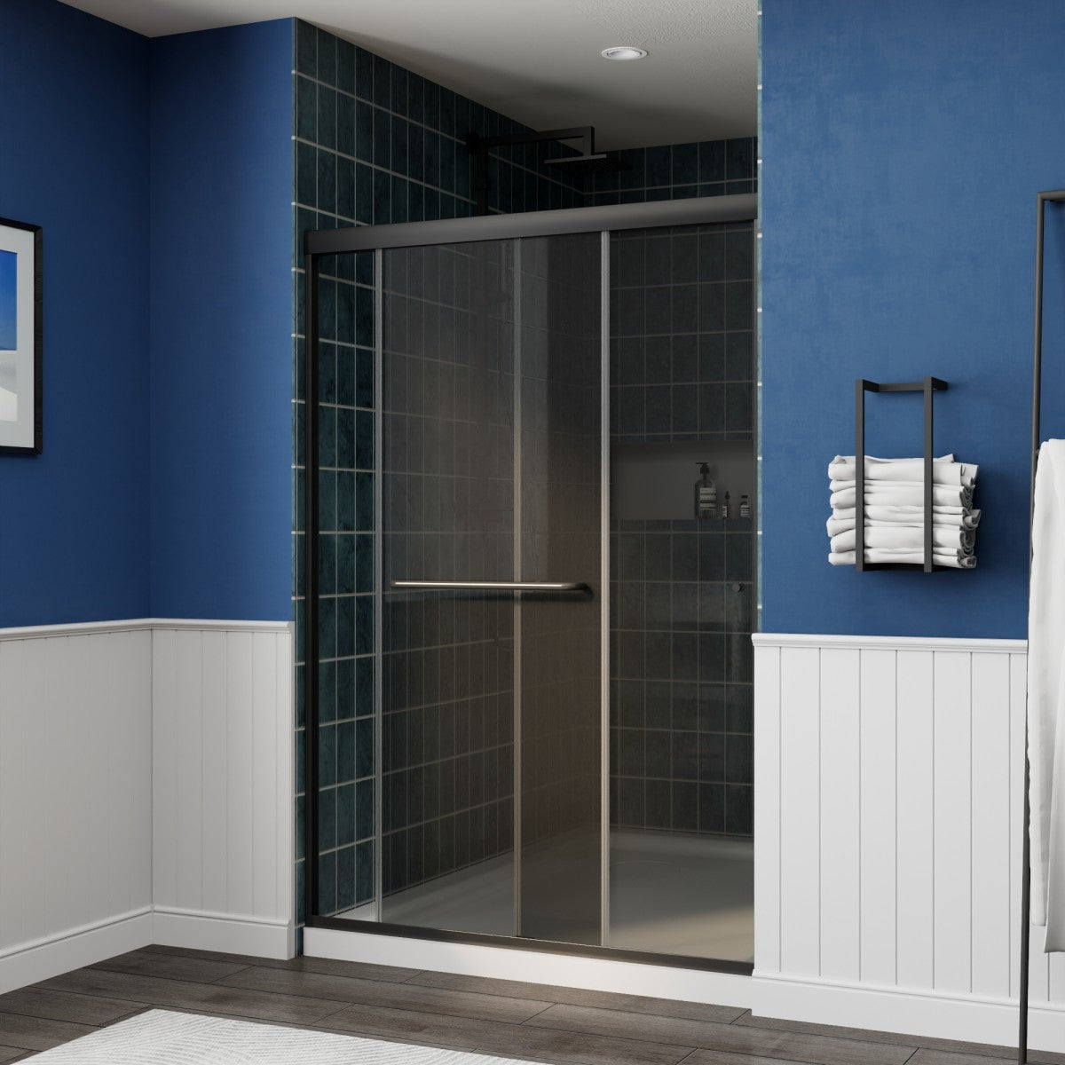 Glide-GR Semi-Frameless Shower Door 44-48 in. W x 70 in. H Bypass Sliding Shower Enclosure,Matte Black,Double Sliding Smoke Gray Glass