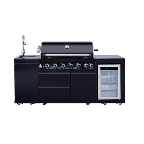 Outdoor Kitchen Island 82.5 Inch 6 Burner Propane Gas BBQ Grill 83500 BTU 304 Stainless Steel Black Color With CSA, ETL Certification + Sink + Refrigerator