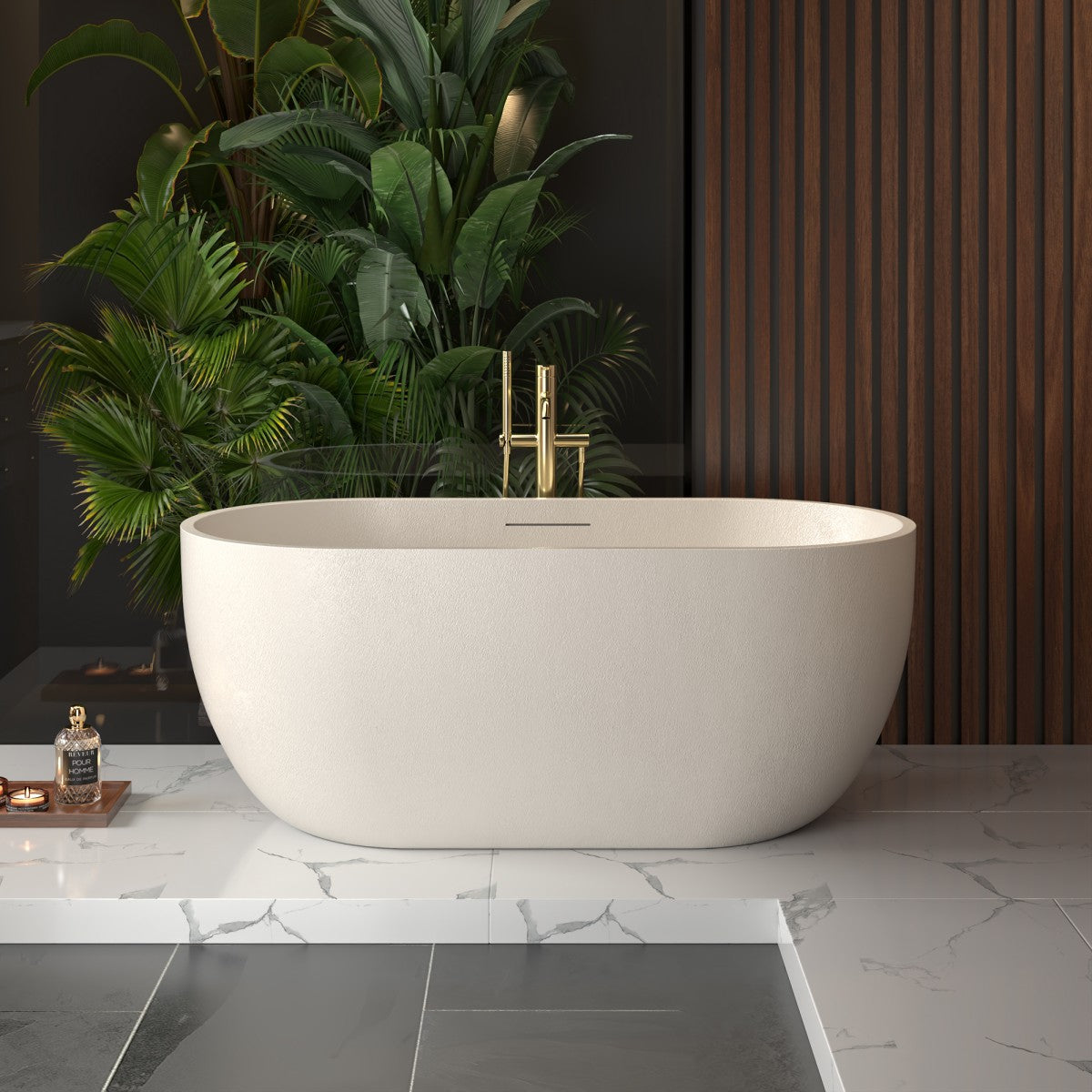 Allsumhome RockX 59" Oval Freestanding Bathtub - Stone Touch in Milky Coffee, Scratch-proof, cUPC Certified Freestanding Bath Tubs