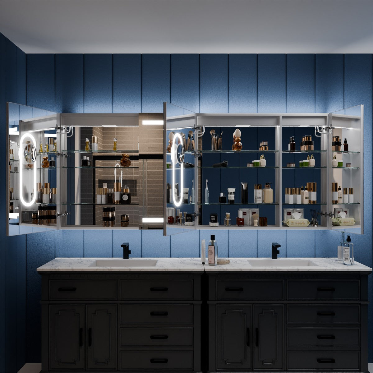 Illusion-B 84" x 36" LED Lighted Inset Mirrored Medicine Cabinet with Magnifiers Front and Back Light
