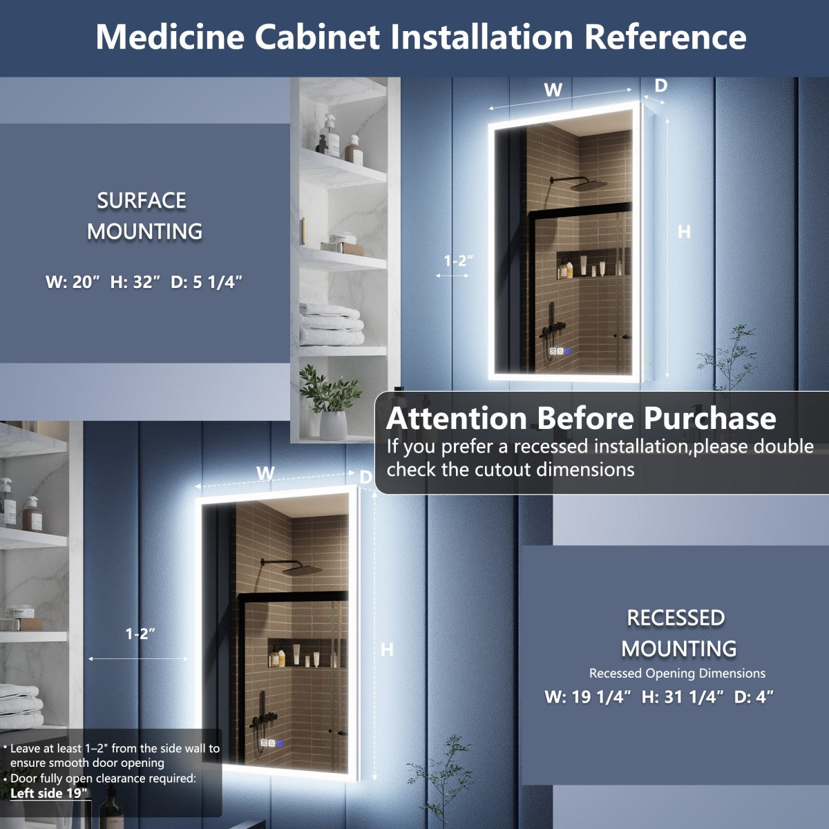 Medicine cabinet installation reference with surface and recessed mounting options.