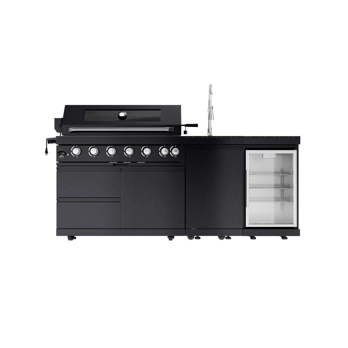 43-Inch 6-Burner 85,000 BTU Stainless Steel Outdoor Kitchen Island Grill with Wine Cooler Refrigerator, Rotisserie Kit, Granite Countertops & Stainless Steel Sink