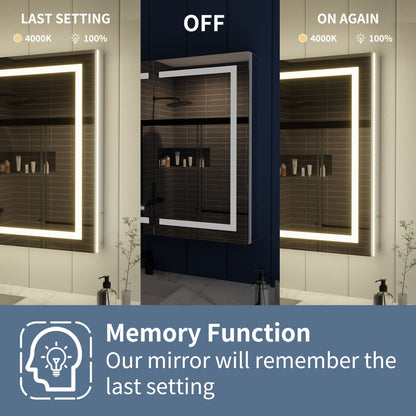 Bathroom mirrors with illuminated frames, showing 'OFF' and 'ON AGAIN' settings with a memory function feature highlighted.
