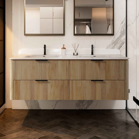 60 inch Floating Bathroom Vanity with Sink, Pre-Assembled, Wall Mounted Plywood Bathroom Storage Cabinet with Safety Rounded,Large Soft-Close Fluted Drawers & Metal Handles