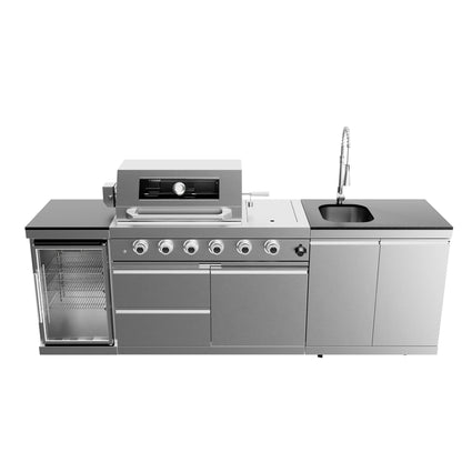 46-Inch 4-Burner 72000 BTU Deluxe Stainless Steel Gas Outdoor Kitchen Bar Barbecue Island Grill  + Wine Cooler Compact Refrigerator + Rotisserie + Granite Countertops + Storage Cabinets & Drawers