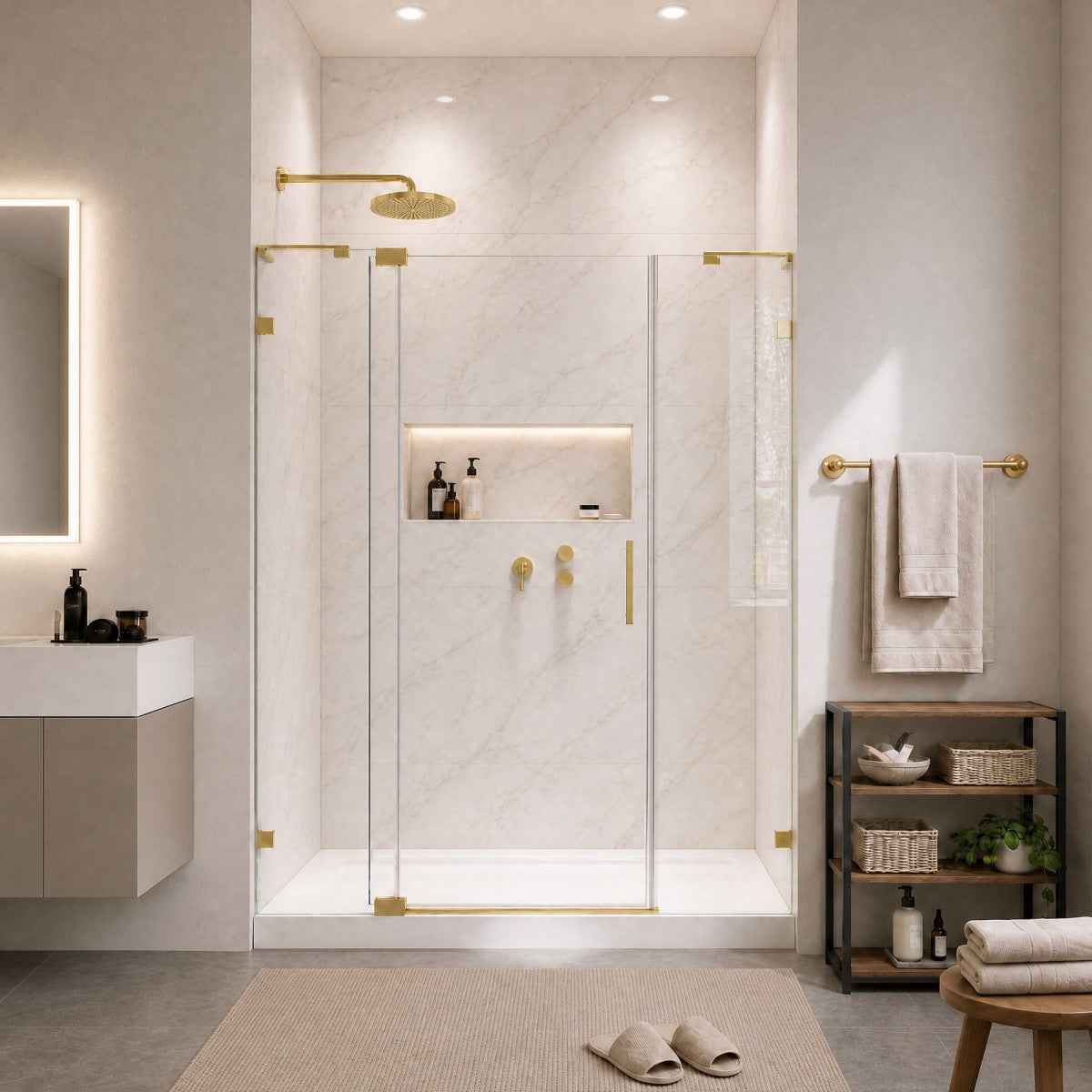 Custom Shower Glass | 10mm Tempered Clear Glass with Easy-Clean Film, Aluminum Frame & 304 Stainless Steel Handles
