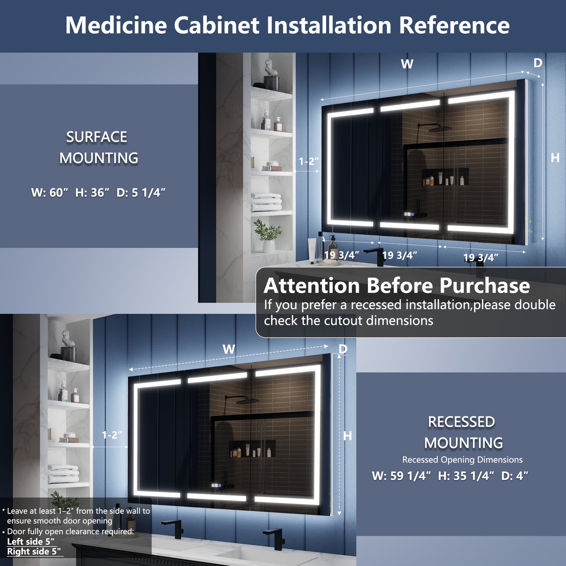 Medicine cabinet installation reference with dimensions and mounting options.