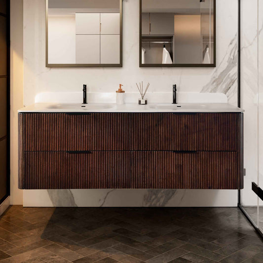60 inch Floating Bathroom Vanity with Sink, Pre-Assembled, Wall Mounted Plywood Bathroom Storage Cabinet with Safety Rounded,Large Soft-Close Fluted Drawers & Metal Handles
