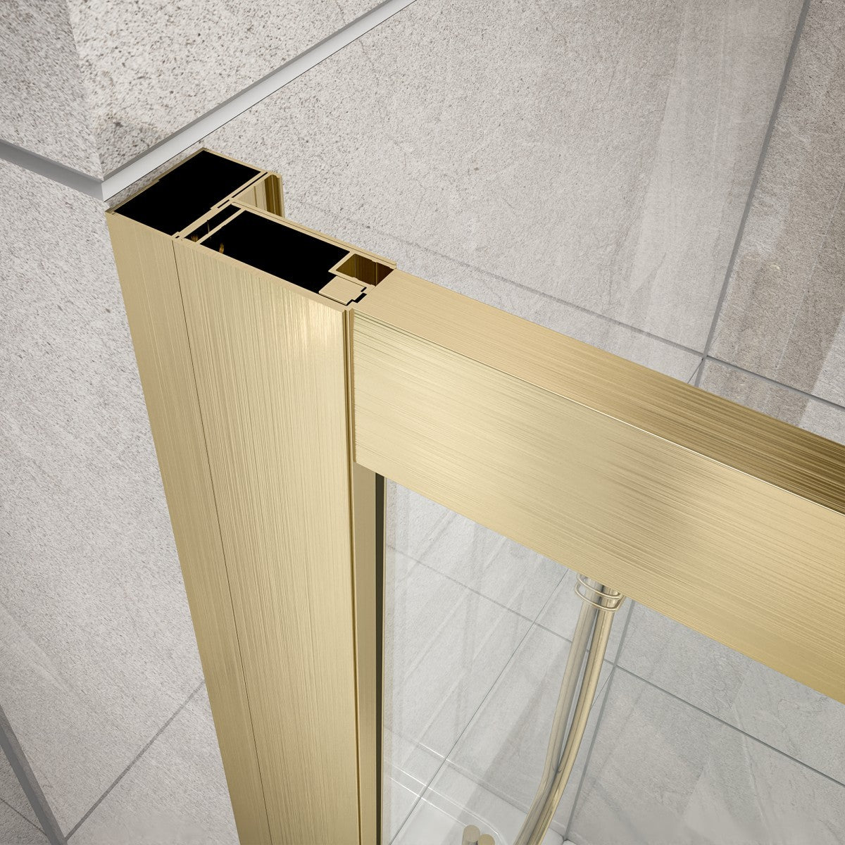 Gold shower door frame with a tiled bathroom background