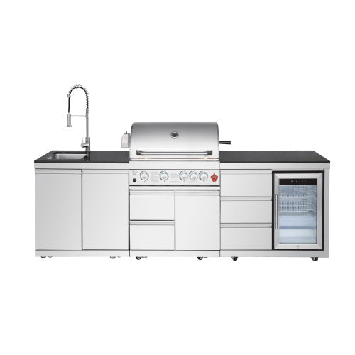 Outdoor Kitchen Island 102.4 Inch 4 Burner Propane Gas BBQ Grill 59500 BTU 304 Stainless Steel Silver Color With CSA, ETL Certification + Sink + Refrigerator