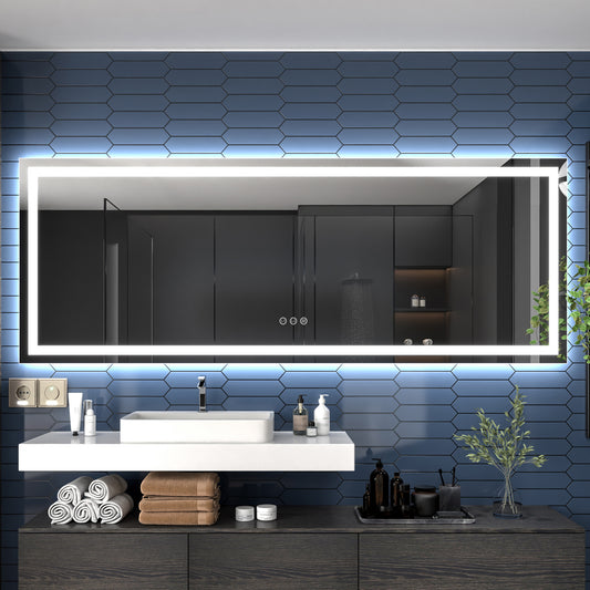 Apex-T 96" W x 36" H Lighted Bathroom Large Light Led Mirror,Anti Fog,Dimmable,Three Lighting Modes