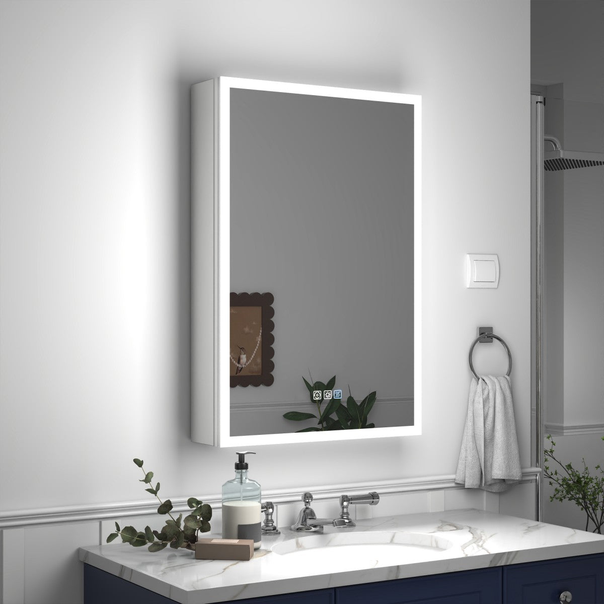 Rim 20 x 30 inch right-hinge LED medicine cabinet in a modern bathroom