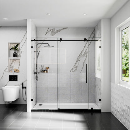Modern bathroom with glass shower enclosure, toilet, and window.
