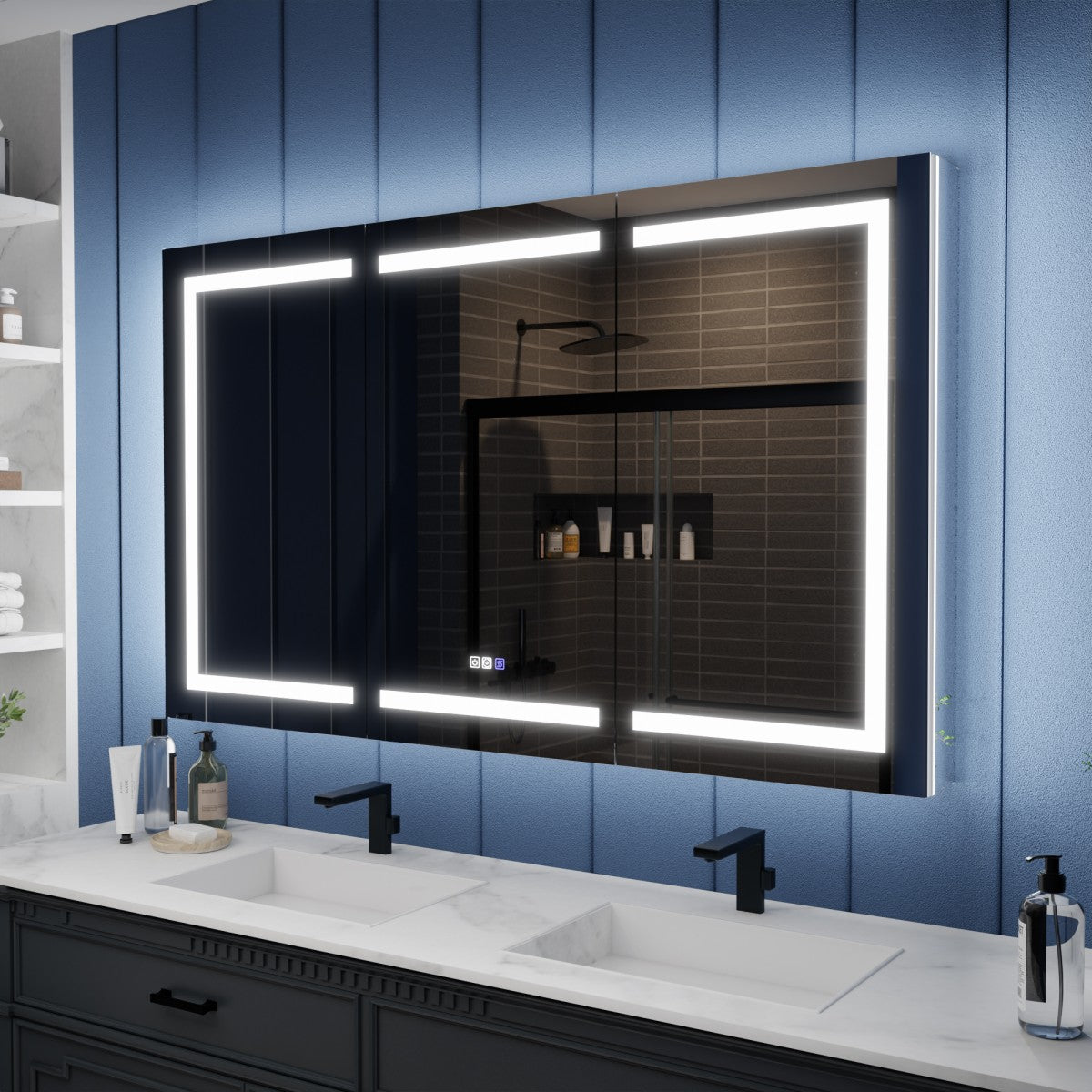 Illusion-B 60" x 36" LED Lighted Inset Mirrored Medicine Cabinet with Magnifiers Front and Back Light