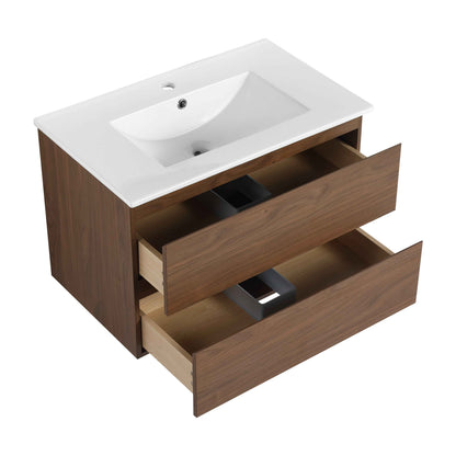 30' Wall-Mounted Bathroom Vanity With Ceramic Sink, KD-Package,2-Soft Close Drawers, KD-Package