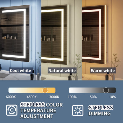 Three illuminated bathroom mirrors with color temperature options on a blue background