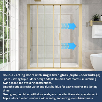 Nexus 44-48W x 70.H Easy Clean Framed Tri-Fold Sliding Shower Door with 1/4" (6mm) Clear SGCC Tempered Glass,Brushed Golde Finish