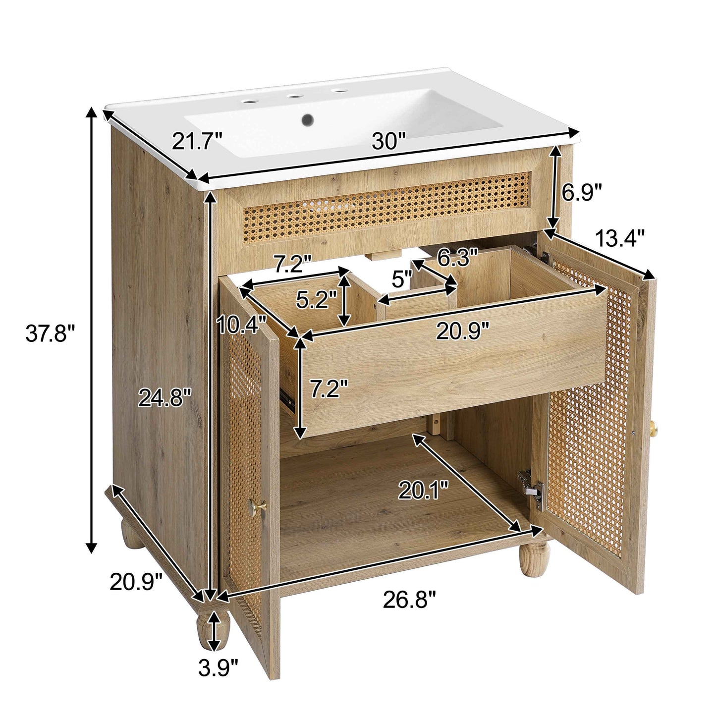 ExBrite 30" Bathroom Vanity with Resin Sink, Solid Wood Legs & Handwoven Rattan Doors for Modern Bathroom Storage