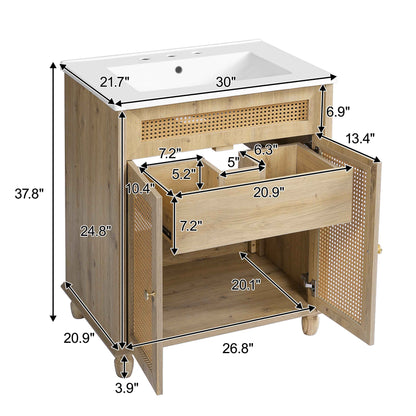 ExBrite 30" Bathroom Vanity with Resin Sink, Solid Wood Legs & Handwoven Rattan Doors for Modern Bathroom Storage