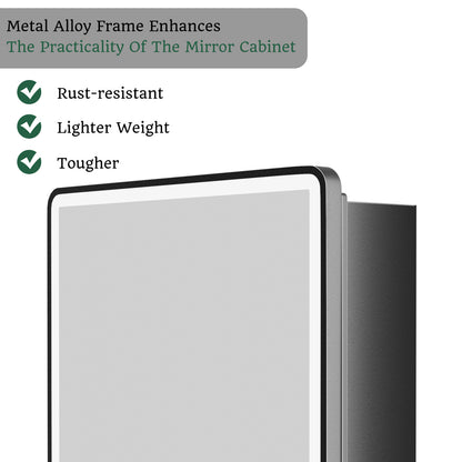 ExBrite 24" W x 30" H Light Medicine Cabinet Recessed or Surface Mount Adjustable Shelves Vanity Mirror Cabinet, Rounded Corner Door with Black Iron Frame, Hinge on the Left - ExBriteUSA