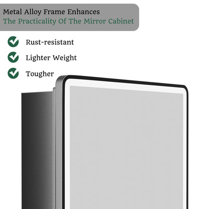 ExBrite 24" W x 30" H Light Medicine Cabinet Recessed or Surface Mount Adjustable Shelves Vanity Mirror Cabinet, Rounded Corner Door with Black Iron Frame, Hinge on the Right - ExBriteUSA
