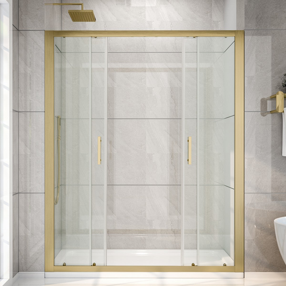 Shower enclosure with gold frame and fixtures in a bathroom setting