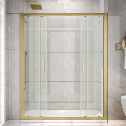 Shower enclosure with gold frame and fixtures in a bathroom setting