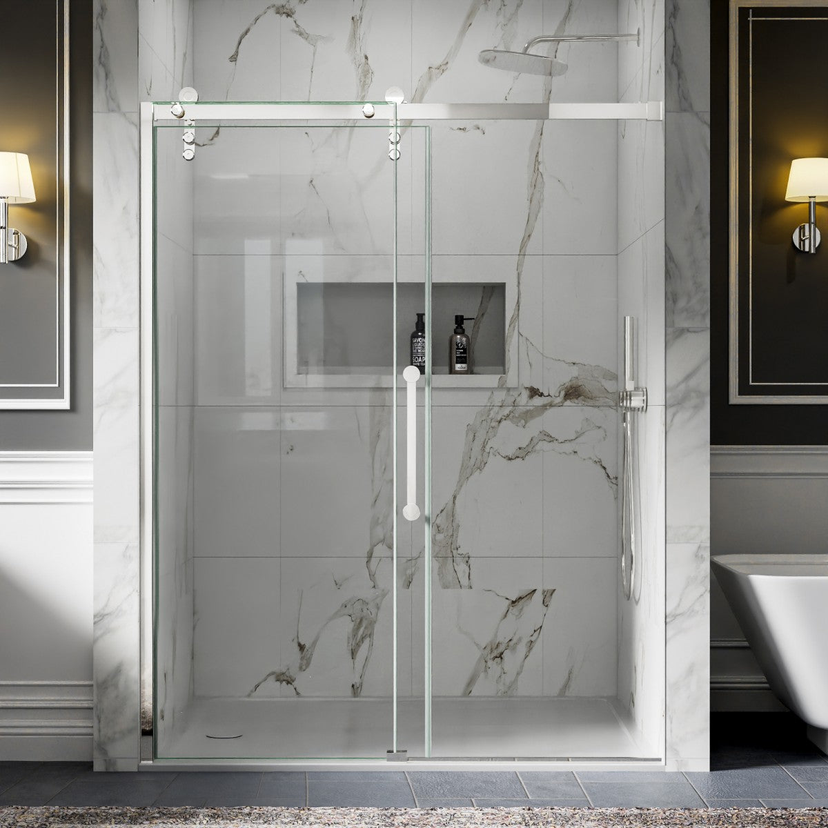 56-60" x 76" Frameless Chrome Glass Sliding Shower Door with Fixed Glass Left | ExBrite Elysian-R Series, Easy Clean