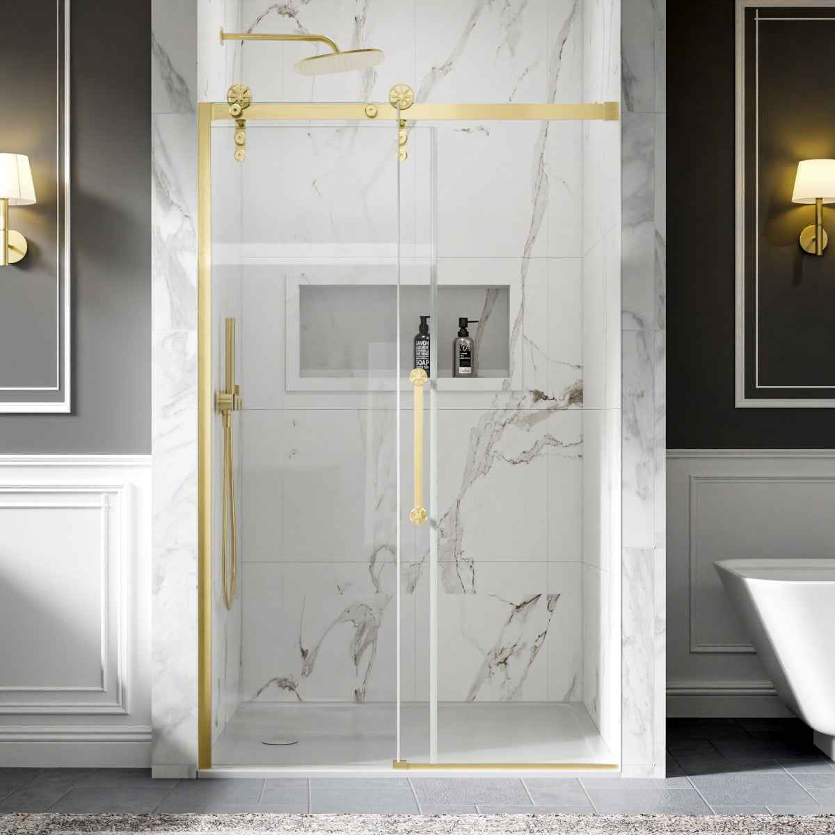 44-48" x 76" Frameless Sliding Shower door,Brushed Gold,Easy clean|ExBrite Elysian-S Series