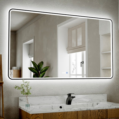 Lumina 55" W x 36" H LED Lighted Bathroom Mirror,High Illuminate,Inner and Outer Lighting,Anti-Fog,Dimmable,Black Frame with Rounded Corners
