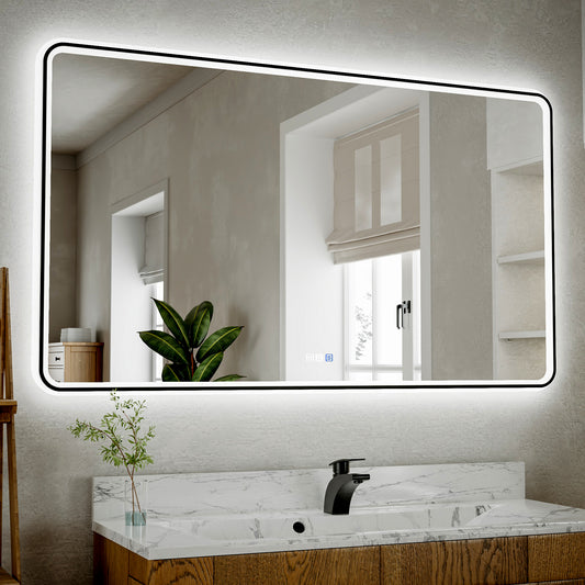 Lumina 55" W x 36" H LED Lighted Bathroom Mirror,High Illuminate,Inner and Outer Lighting,Anti-Fog,Dimmable,Black Frame with Rounded Corners