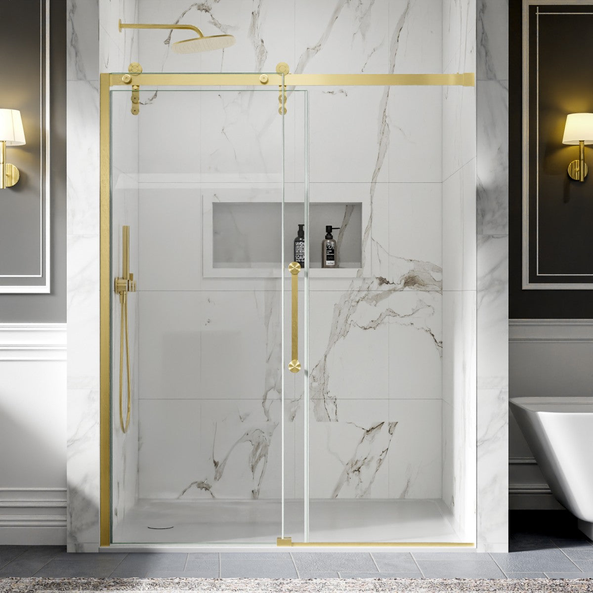 56-60" x 76" Frameless Sliding Shower door,Brushed Gold,Easy clean,Fixed Glass Left|ExBrite Elysian-R Series