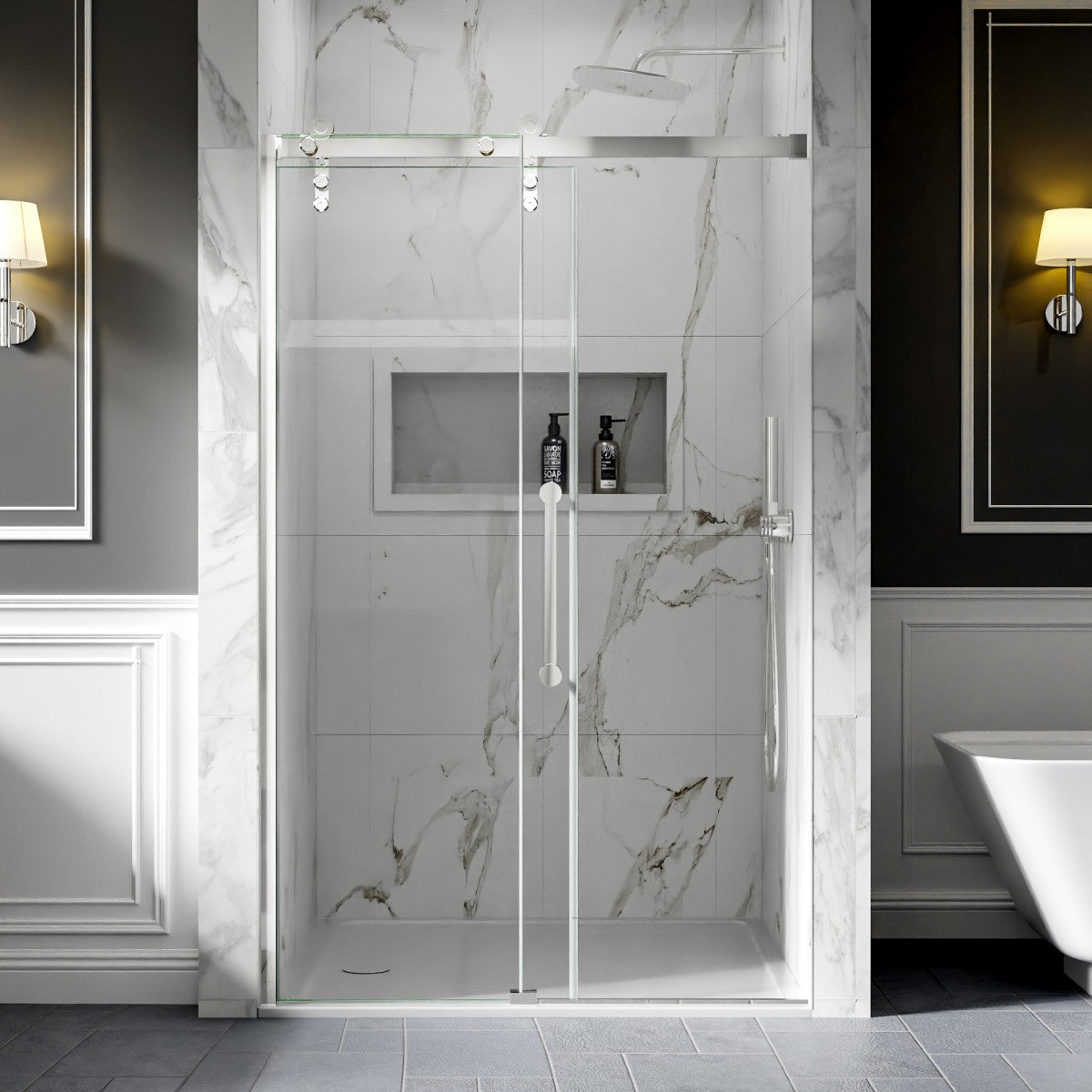 44-48" x 76" Frameless Shower Door Sliding, Chrome, Fixed Glass Left | ExBrite Elysian-R Series